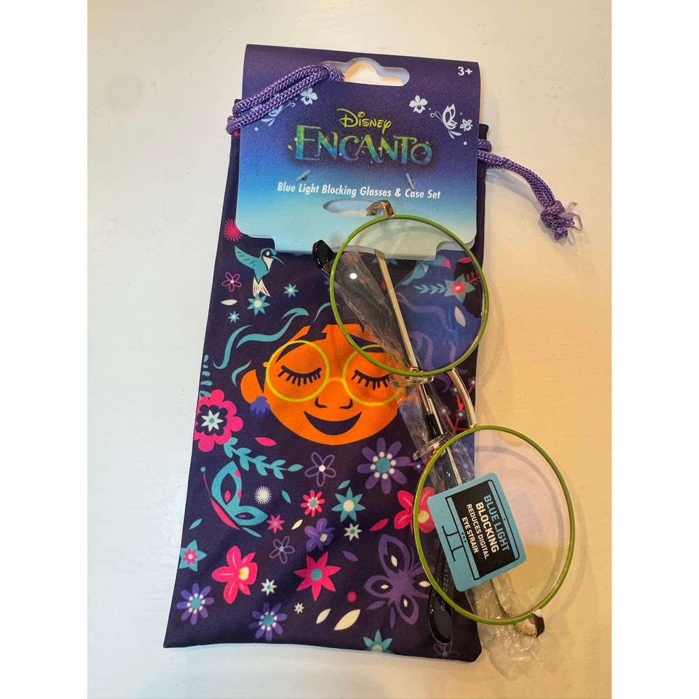 Disney Encanto Mirabel Blue Light Blocking Glasses & Case Set Green Gold Round